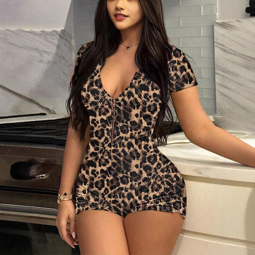 Summer new women's jumpsuit printed short sleeve V-neck front zipper slim bag hip short jumpsuit suitable for daily leisure commuting party sports wear.