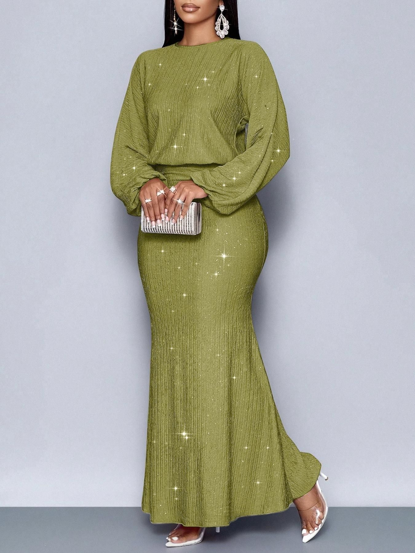New women's dress temperament solid color long sleeve round neck beaded fold waist slim hip long dress suitable for daily leisure commuting party dinner.