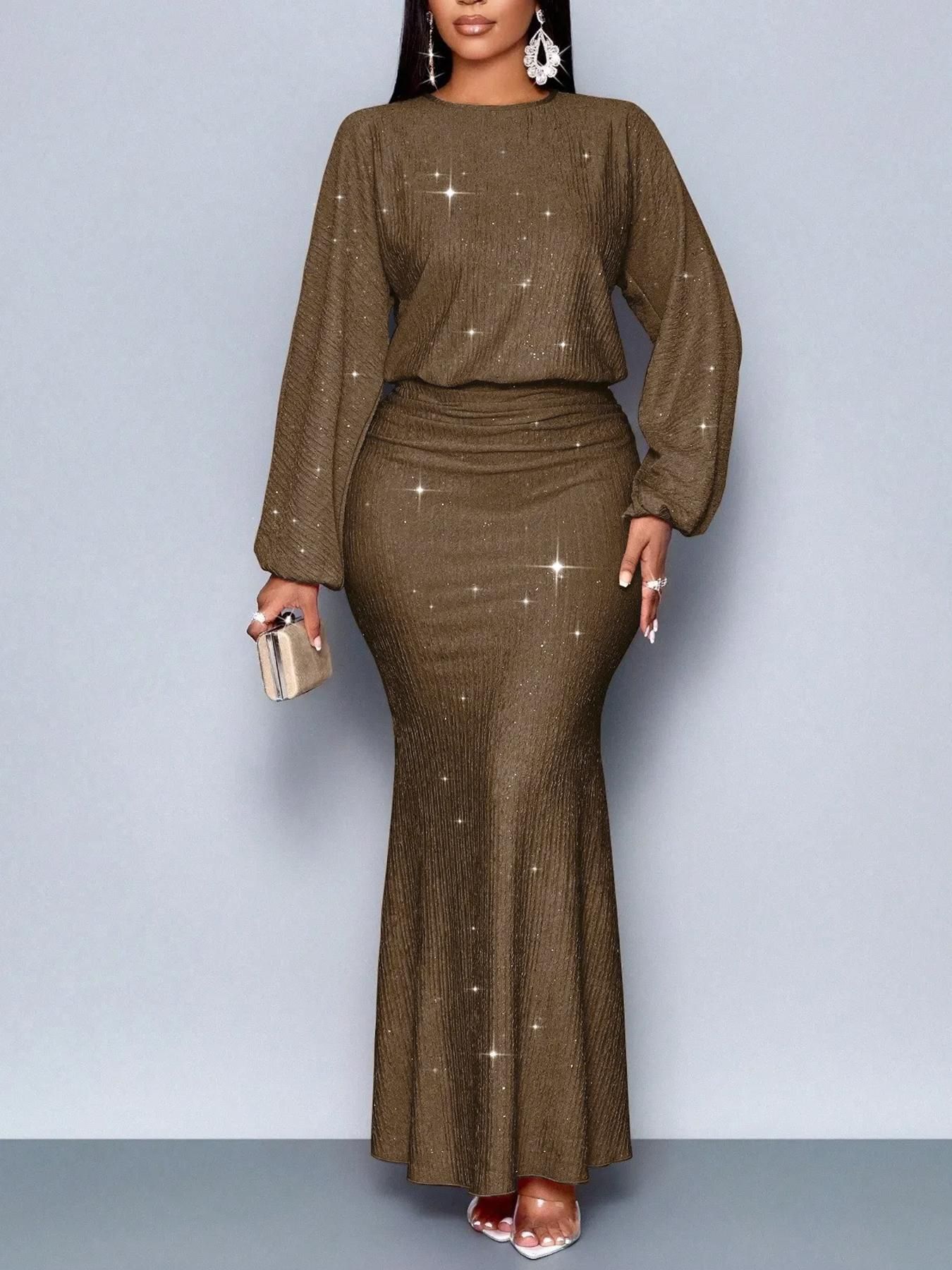 New women's dress temperament solid color long sleeve round neck beaded fold waist slim hip long dress suitable for daily leisure commuting party dinner.