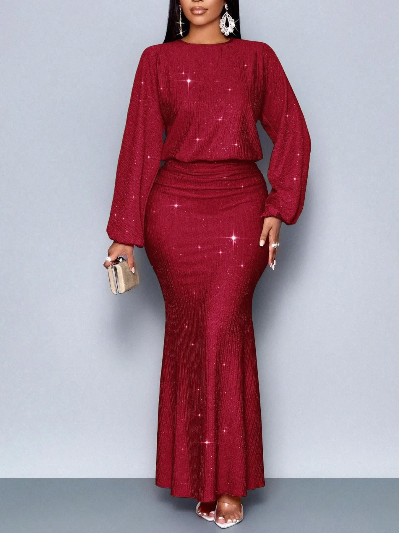 New women's dress temperament solid color long sleeve round neck beaded fold waist slim hip long dress suitable for daily leisure commuting party dinner.
