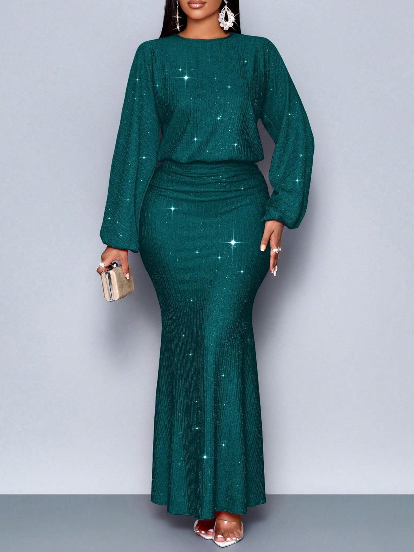 New women's dress temperament solid color long sleeve round neck beaded fold waist slim hip long dress suitable for daily leisure commuting party dinner.