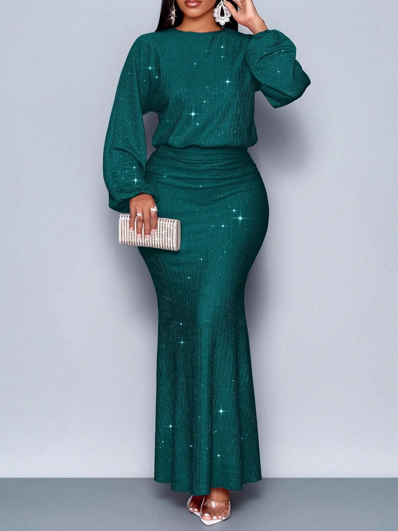 New women's dress temperament solid color long sleeve round neck beaded fold waist slim hip long dress suitable for daily leisure commuting party dinner.