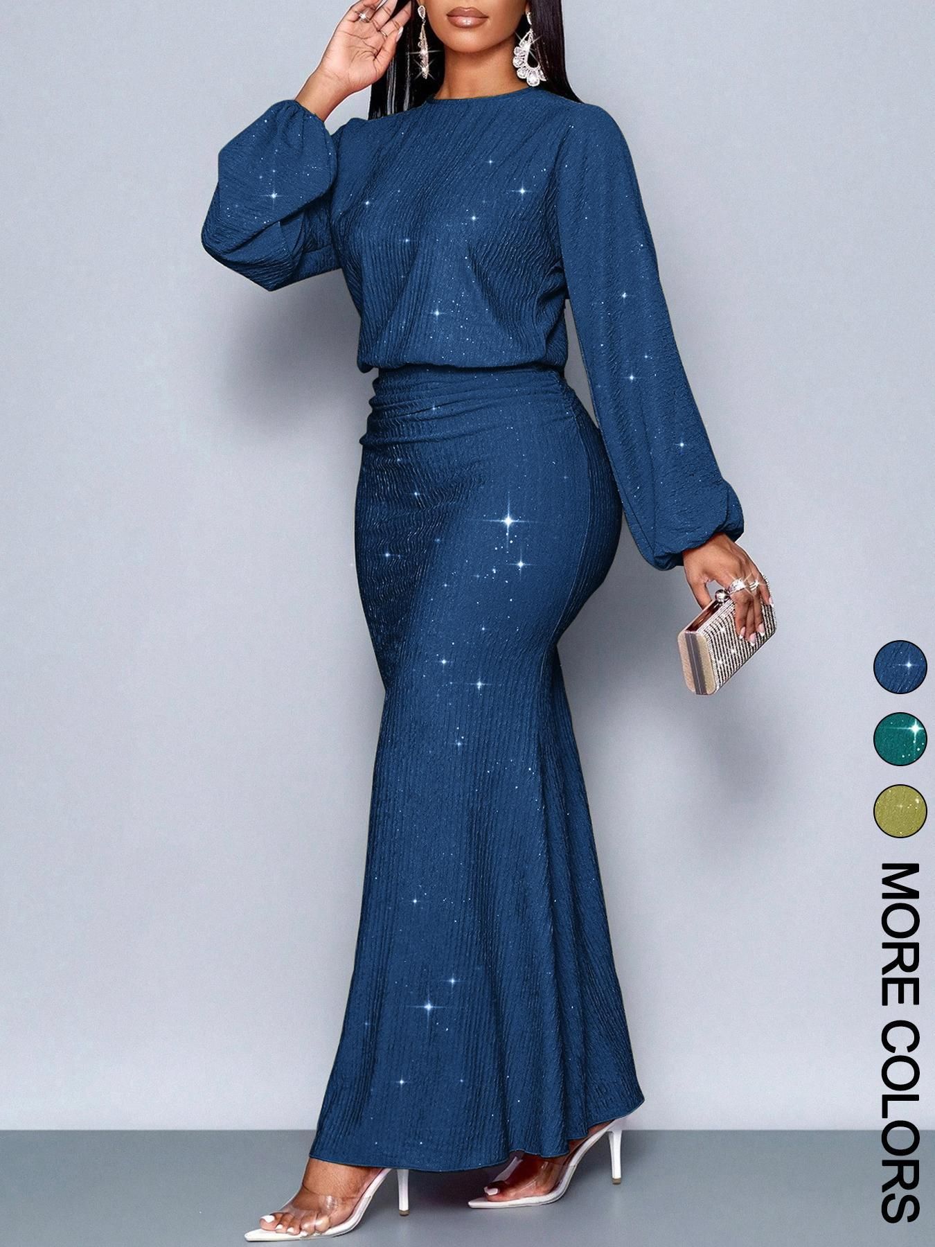 New women's dress temperament solid color long sleeve round neck beaded fold waist slim hip long dress suitable for daily leisure commuting party dinner.