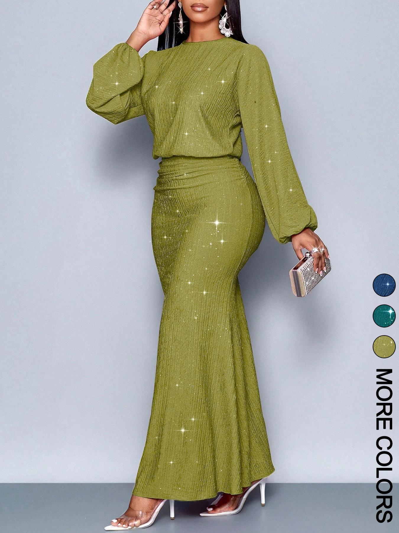 New women's dress temperament solid color long sleeve round neck beaded fold waist slim hip long dress suitable for daily leisure commuting party dinner.