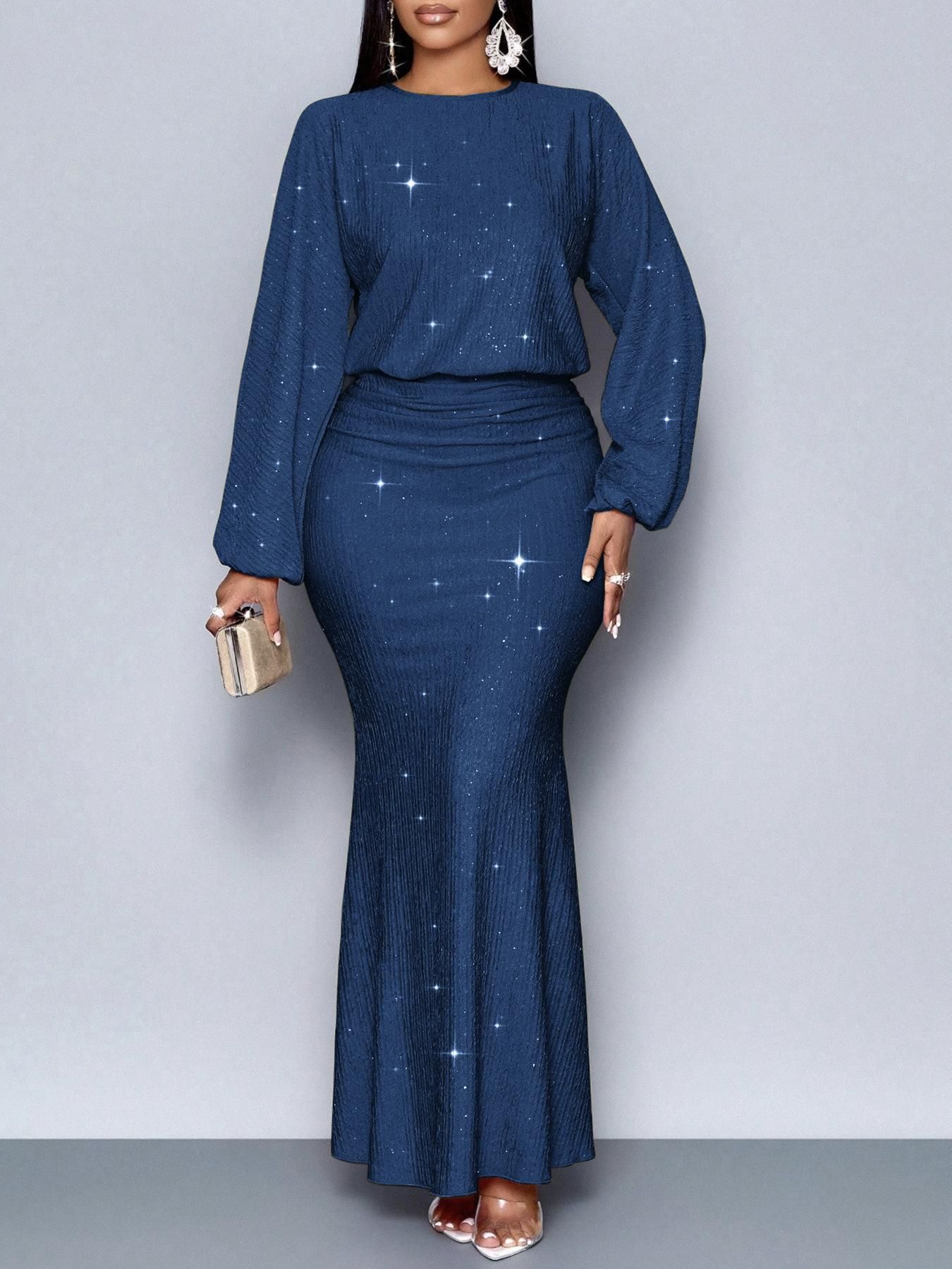 New women's dress temperament solid color long sleeve round neck beaded fold waist slim hip long dress suitable for daily leisure commuting party dinner.