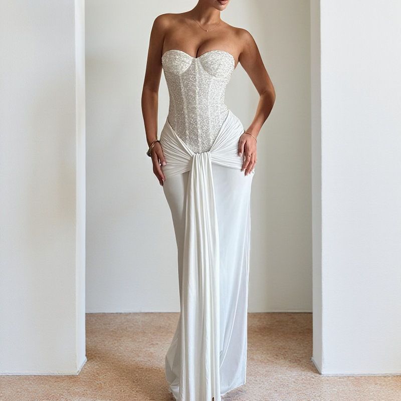 Summer new women's dress temperament solid color sleeveless tube top waist streamer slim bag hip long dress dress is suitable for daily leisure commuting party dinner evening dress.