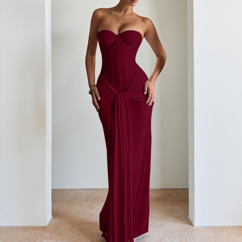 Summer new women's dress temperament solid color sleeveless tube top waist streamer slim bag hip long dress dress is suitable for daily leisure commuting party dinner evening dress.