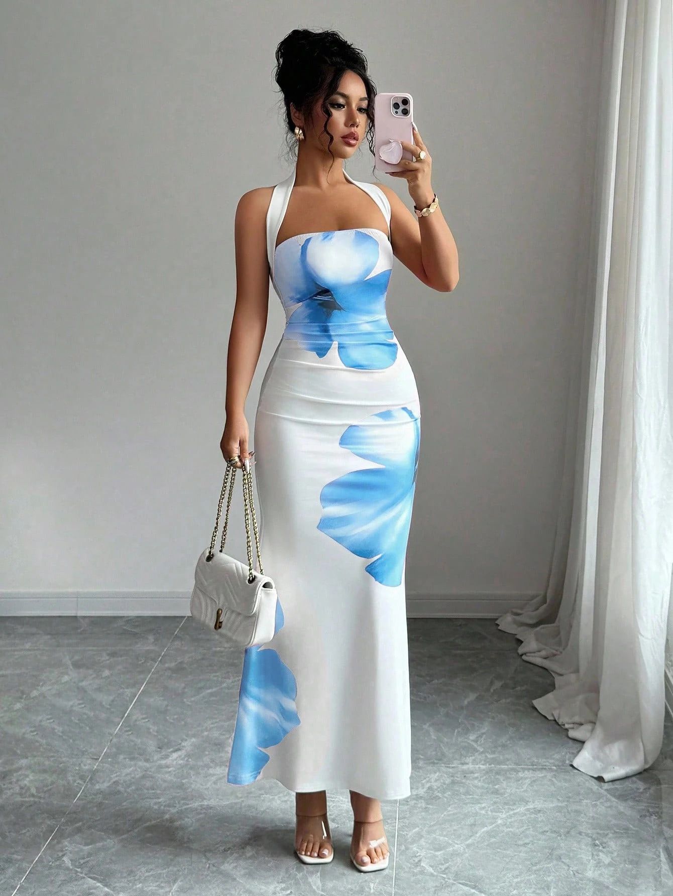Elegant temperament print sleeveless hanging neck, tube top and waist pocket hip long dress in summer is suitable for daily leisure commuting party dinner.