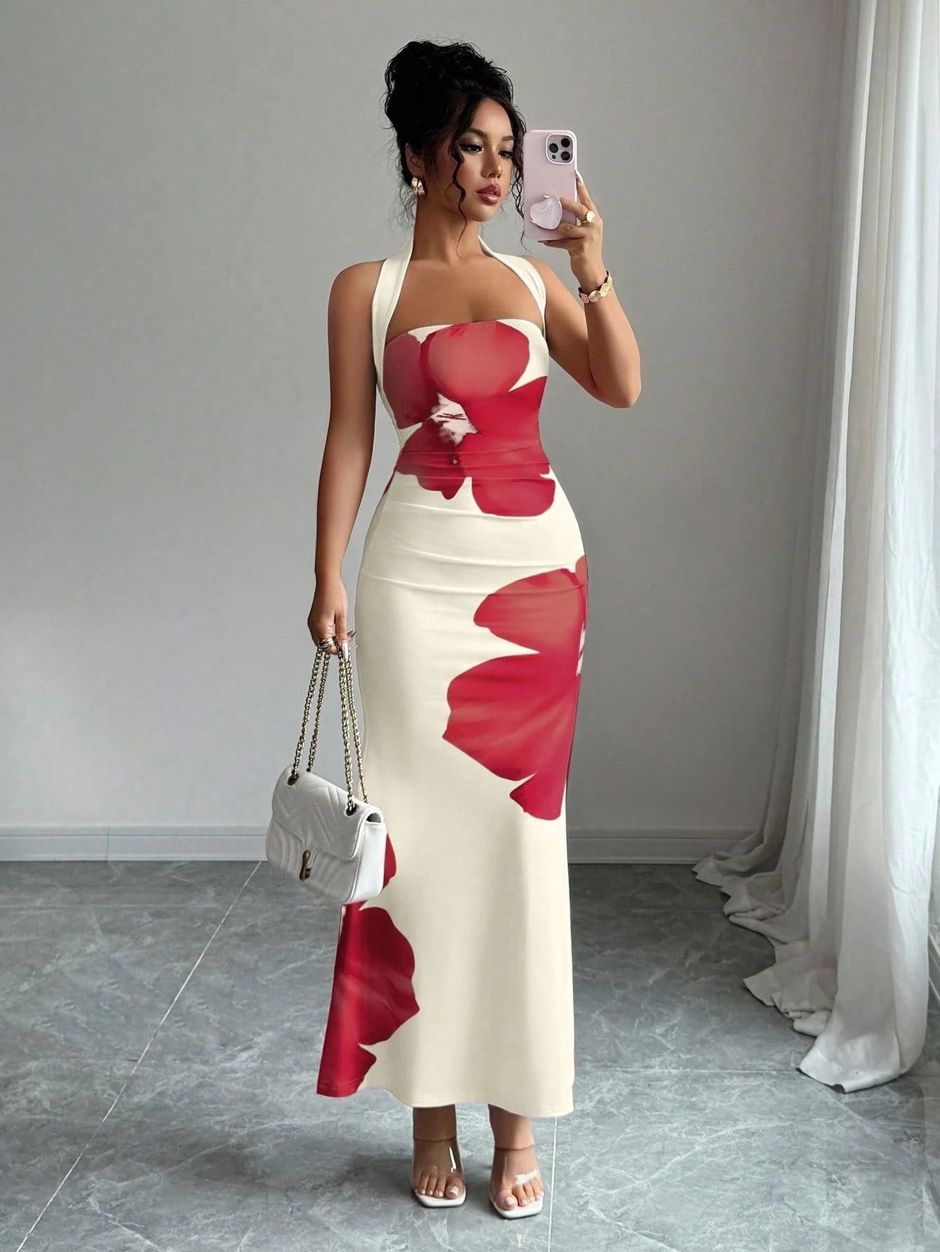 Elegant temperament print sleeveless hanging neck, tube top and waist pocket hip long dress in summer is suitable for daily leisure commuting party dinner.