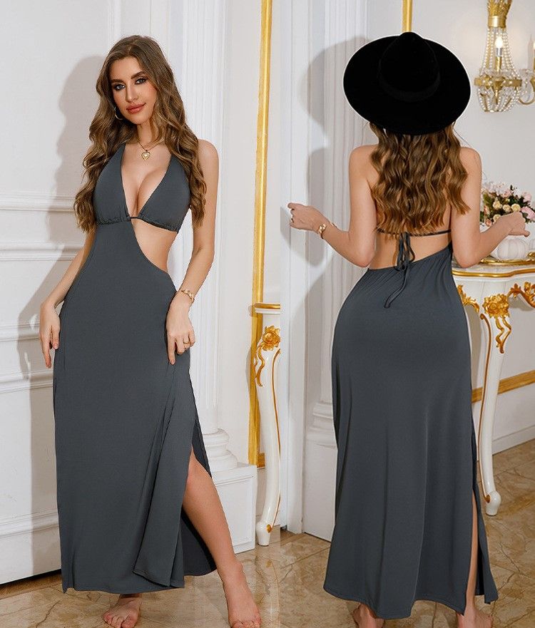 Summer new women's dress solid color sleeveless neck V-neck backless slim long dress is suitable for everyday casual commuting party dresses.