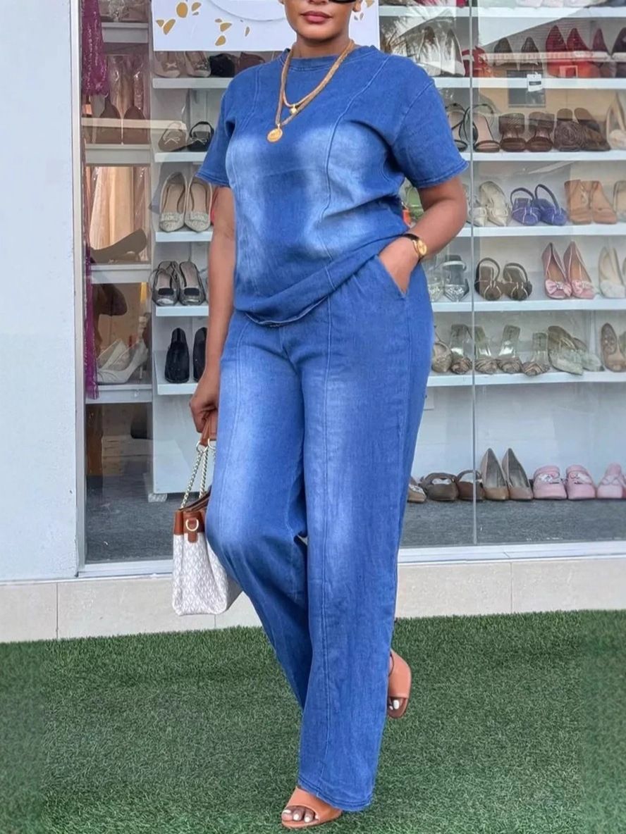 Summer new women's two-piece solid color denim short-sleeved round neck shirt loose straight trousers suit is suitable for daily leisure commuting parties.