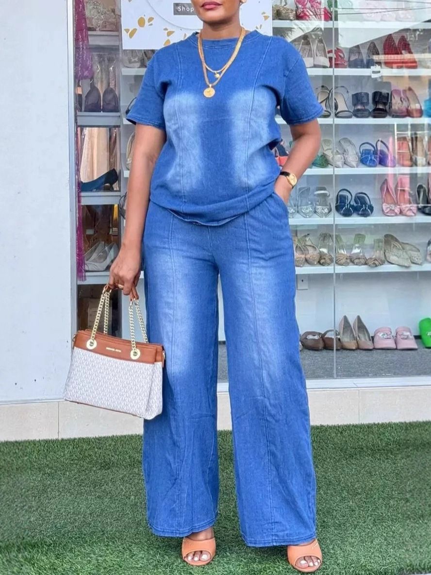 Summer new women's two-piece solid color denim short-sleeved round neck shirt loose straight trousers suit is suitable for daily leisure commuting parties.