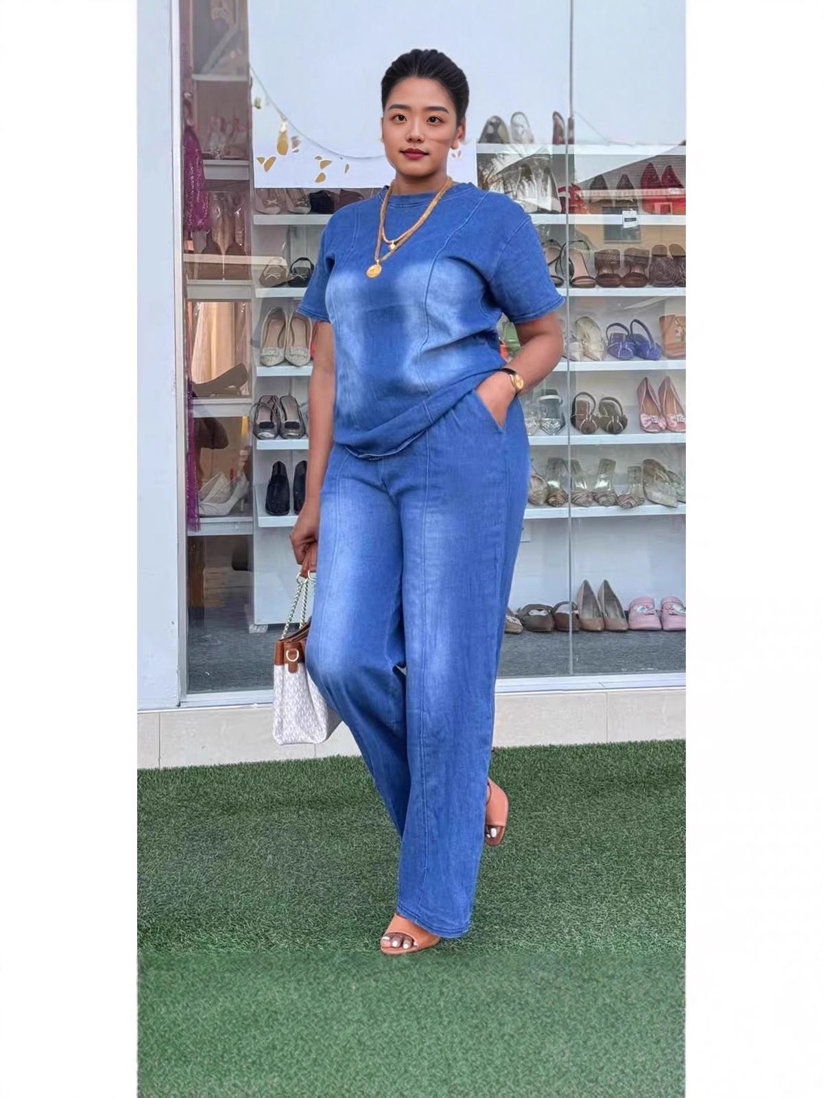 Summer new women's two-piece solid color denim short-sleeved round neck shirt loose straight trousers suit is suitable for daily leisure commuting parties.