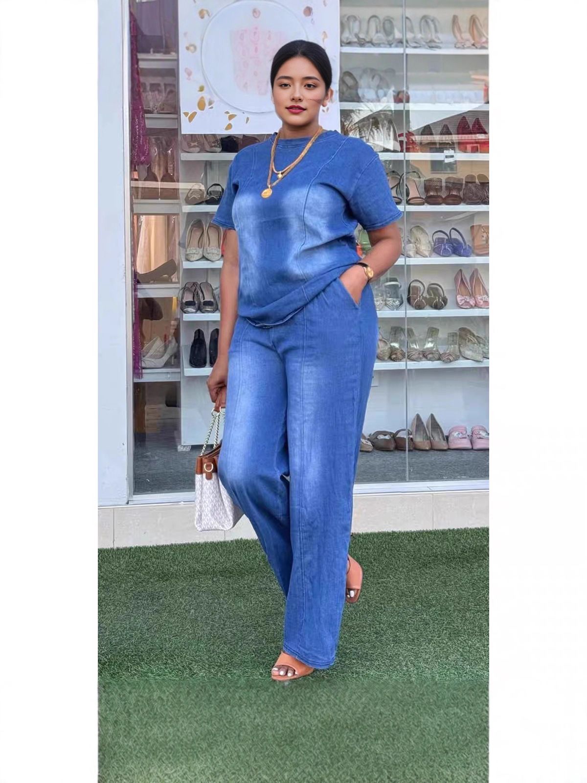 Summer new women's two-piece solid color denim short-sleeved round neck shirt loose straight trousers suit is suitable for daily leisure commuting parties.