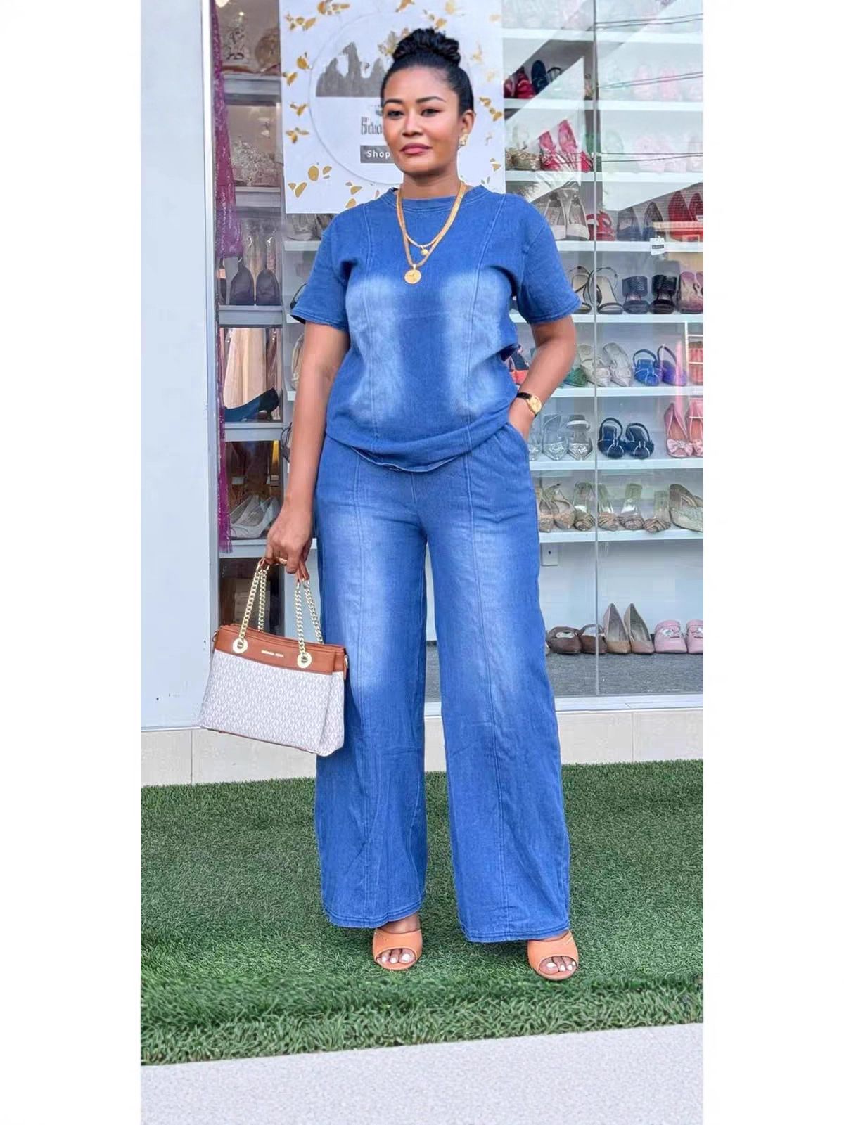 Summer new women's two-piece solid color denim short-sleeved round neck shirt loose straight trousers suit is suitable for daily leisure commuting parties.