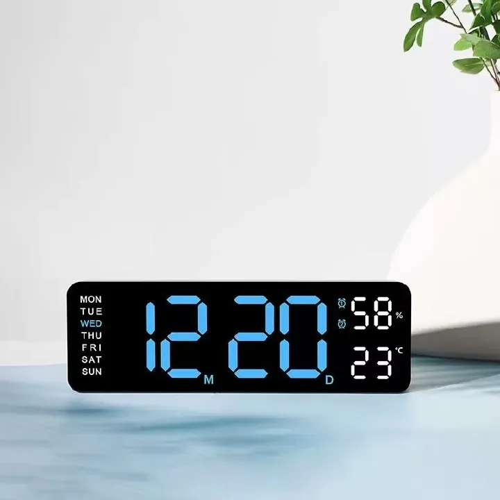 9 Inch Large Digital Wall Clock USB Powered TEMP Humidity Week Auto Dimmer DST Table Clock 12/24H Electronic LED Alarm Clock