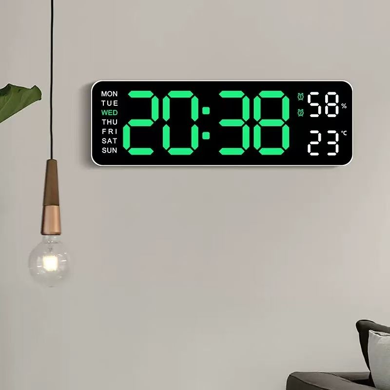 9 Inch Large Digital Wall Clock USB Powered TEMP Humidity Week Auto Dimmer DST Table Clock 12/24H Electronic LED Alarm Clock