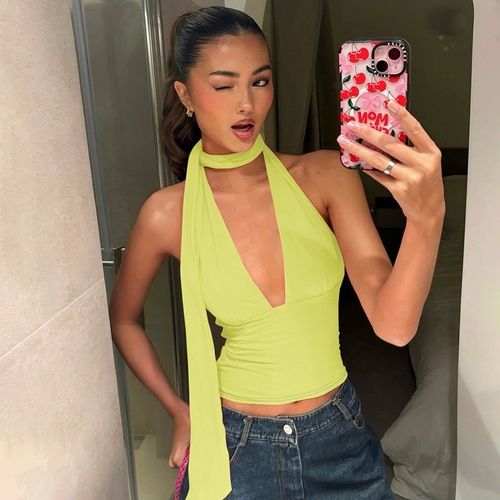 2026 Summer New Sexy Neck Tie  Tank Tops Low-cut Back Hollow-out Camisole Camis Top