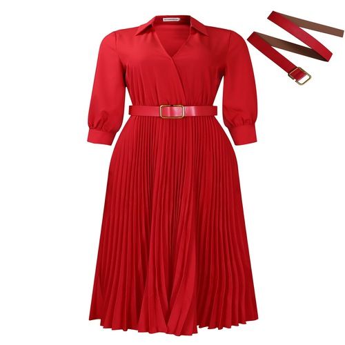 Women's V Neck Business Casual Shirt Dress for Women 3/4 Sleeves Pleated Midi Dresses with Belt