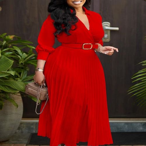 Women's V Neck Business Casual Shirt Dress for Women 3/4 Sleeves Pleated Midi Dresses with Belt