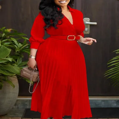 Women's V Neck Business Casual Shirt Dress for Women 3/4 Sleeves Pleated Midi Dresses with Belt