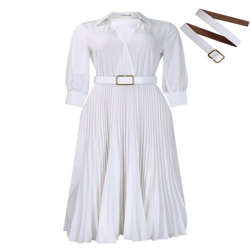 Women's V Neck Business Casual Shirt Dress for Women 3/4 Sleeves Pleated Midi Dresses with Belt