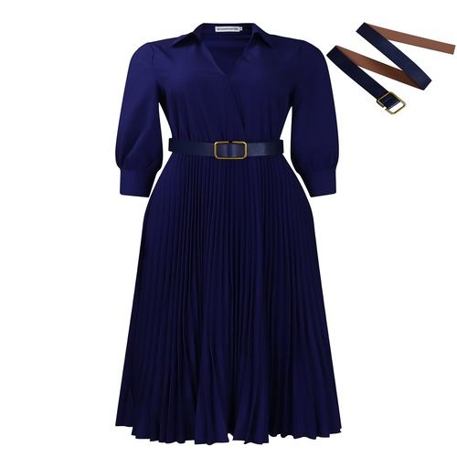 Women's V Neck Business Casual Shirt Dress for Women 3/4 Sleeves Pleated Midi Dresses with Belt