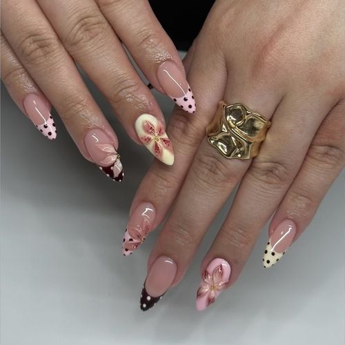 French Tip Press on Nails with 5D Flower Charm Design  - Medium Pink Fake Nails 24Pcs Nail Kit for Women Manicure