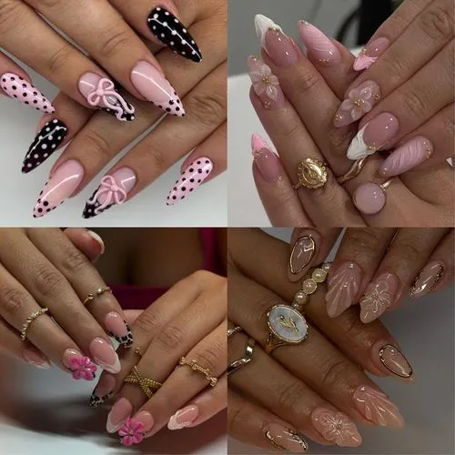 French Tip Press on Nails with 5D Flower Charm Design  - Medium Pink Fake Nails 24Pcs Nail Kit for Women Manicure