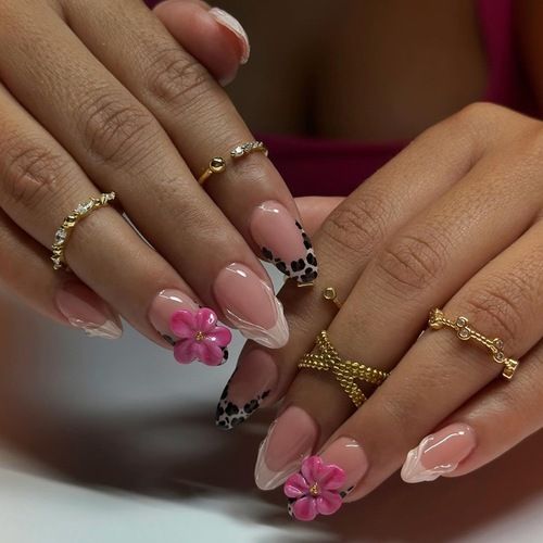 French Tip Press on Nails with 5D Flower Charm Design  - Medium Pink Fake Nails 24Pcs Nail Kit for Women Manicure