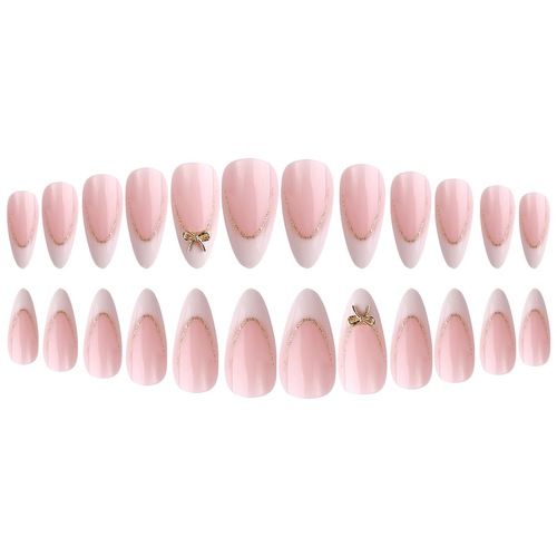 French Tip Press on Nails with 5D Flower Charm Design  - Medium Pink Fake Nails 24Pcs Nail Kit for Women Manicure