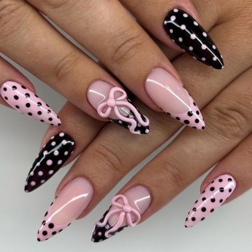 French Tip Press on Nails with 5D Flower Charm Design  - Medium Pink Fake Nails 24Pcs Nail Kit for Women Manicure