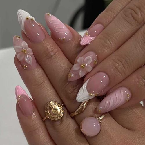 French Tip Press on Nails with 5D Flower Charm Design  - Medium Pink Fake Nails 24Pcs Nail Kit for Women Manicure