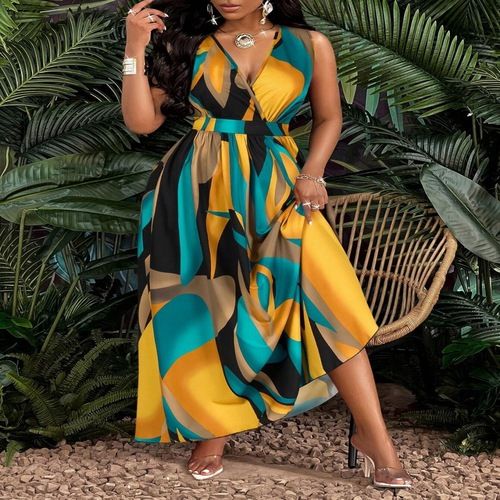 Women Sleeveless Sundress Casual Dresses Deep V Neck High Waist Summer Dress Vacation Party Dress