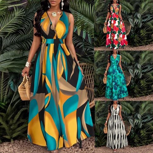 Women Sleeveless Sundress Casual Dresses Deep V Neck High Waist Summer Dress Vacation Party Dress