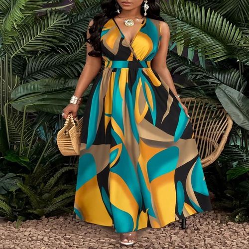 Women Sleeveless Sundress Casual Dresses Deep V Neck High Waist Summer Dress Vacation Party Dress