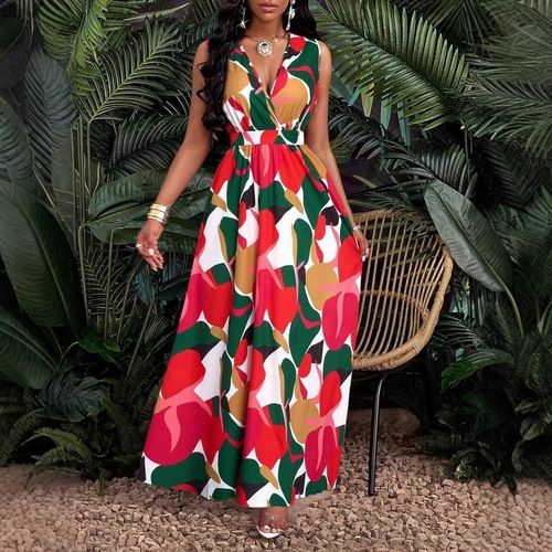 Women Sleeveless Sundress Casual Dresses Deep V Neck High Waist Summer Dress Vacation Party Dress