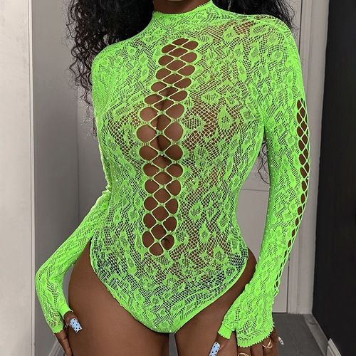 Sexy seductive spiked tight-fitting bikini long-sleeve one-piece mesh bodysuit