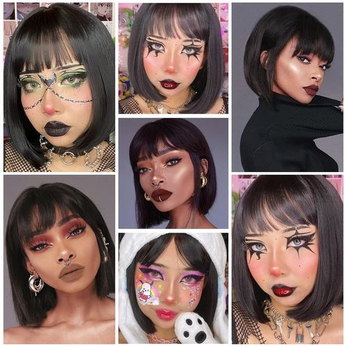 Short Straight Black Hair Synthetic Wig Bobo Hair Wigs Short Bobo Wigs With Bangs Full Fringe Wigs for Women Daily Use