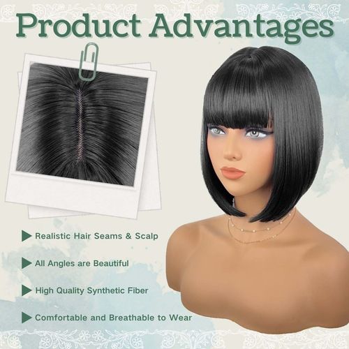 Short Straight Black Hair Synthetic Wig Bobo Hair Wigs Short Bobo Wigs With Bangs Full Fringe Wigs for Women Daily Use