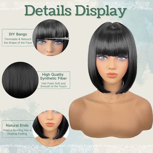 Short Straight Black Hair Synthetic Wig Bobo Hair Wigs Short Bobo Wigs With Bangs Full Fringe Wigs for Women Daily Use