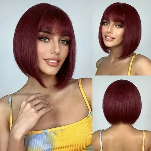 Short Straight Black Hair Synthetic Wig Bobo Hair Wigs Short Bobo Wigs With Bangs Full Fringe Wigs for Women Daily Use