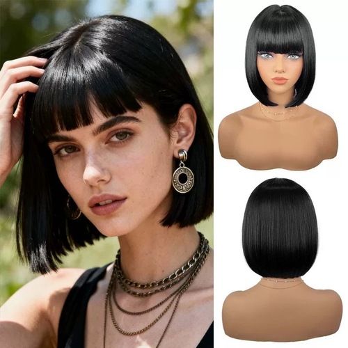 Short Straight Black Hair Synthetic Wig Bobo Hair Wigs Short Bobo Wigs With Bangs Full Fringe Wigs for Women Daily Use