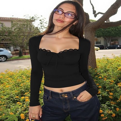 Women Sexy Square Neck Lace Trim Crop Top Long Sleeve Slim Fit Bow Tie Tight Shirt Club Outfits