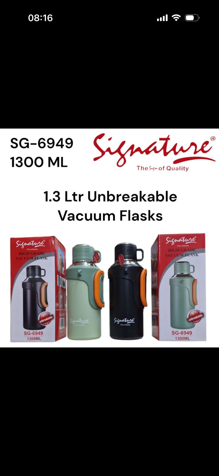 Signature 1.3L Vacuum Flask – Stainless Steel Unbreakable Thermos Bottle, Double Wall Insulated Leakproof Hot & Cold Water Flask for Home, Office, Travel & Outdoor Use