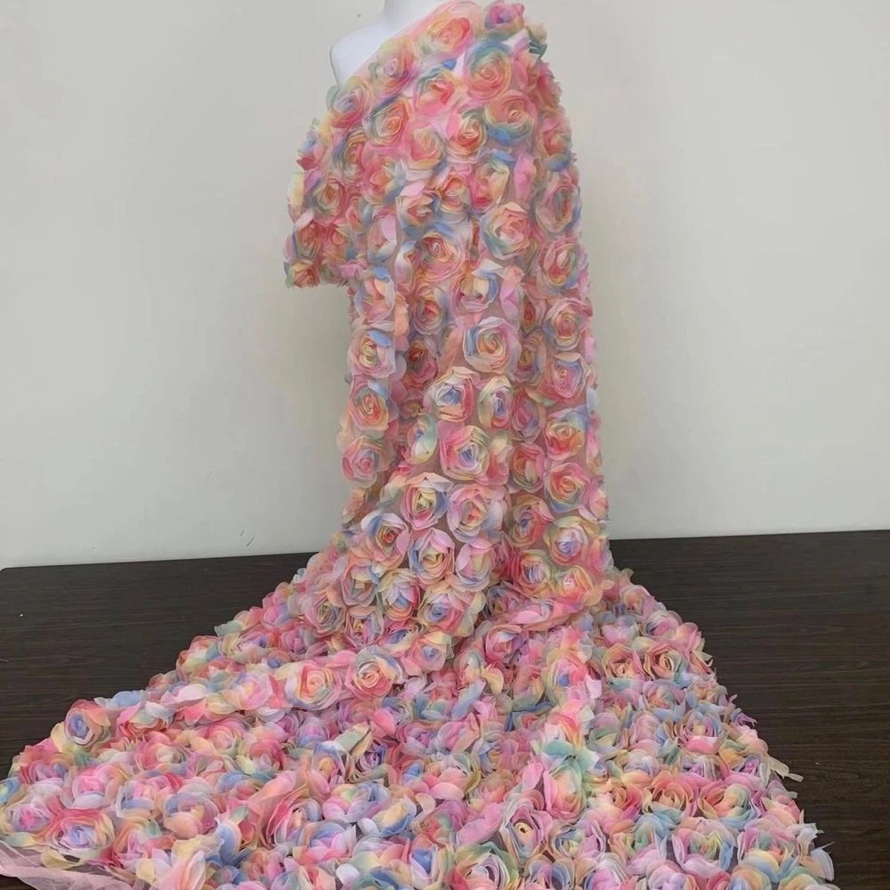 3D Rainbow Rose Tulle Fabric, Colorful 3D Flower Mesh Lace Fabric for Wedding Dress, Evening Gown, DIY Craft, 1 Yard