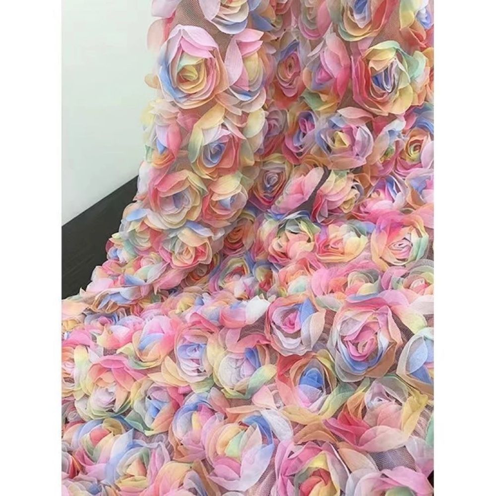 3D Rainbow Rose Tulle Fabric, Colorful 3D Flower Mesh Lace Fabric for Wedding Dress, Evening Gown, DIY Craft, 1 Yard