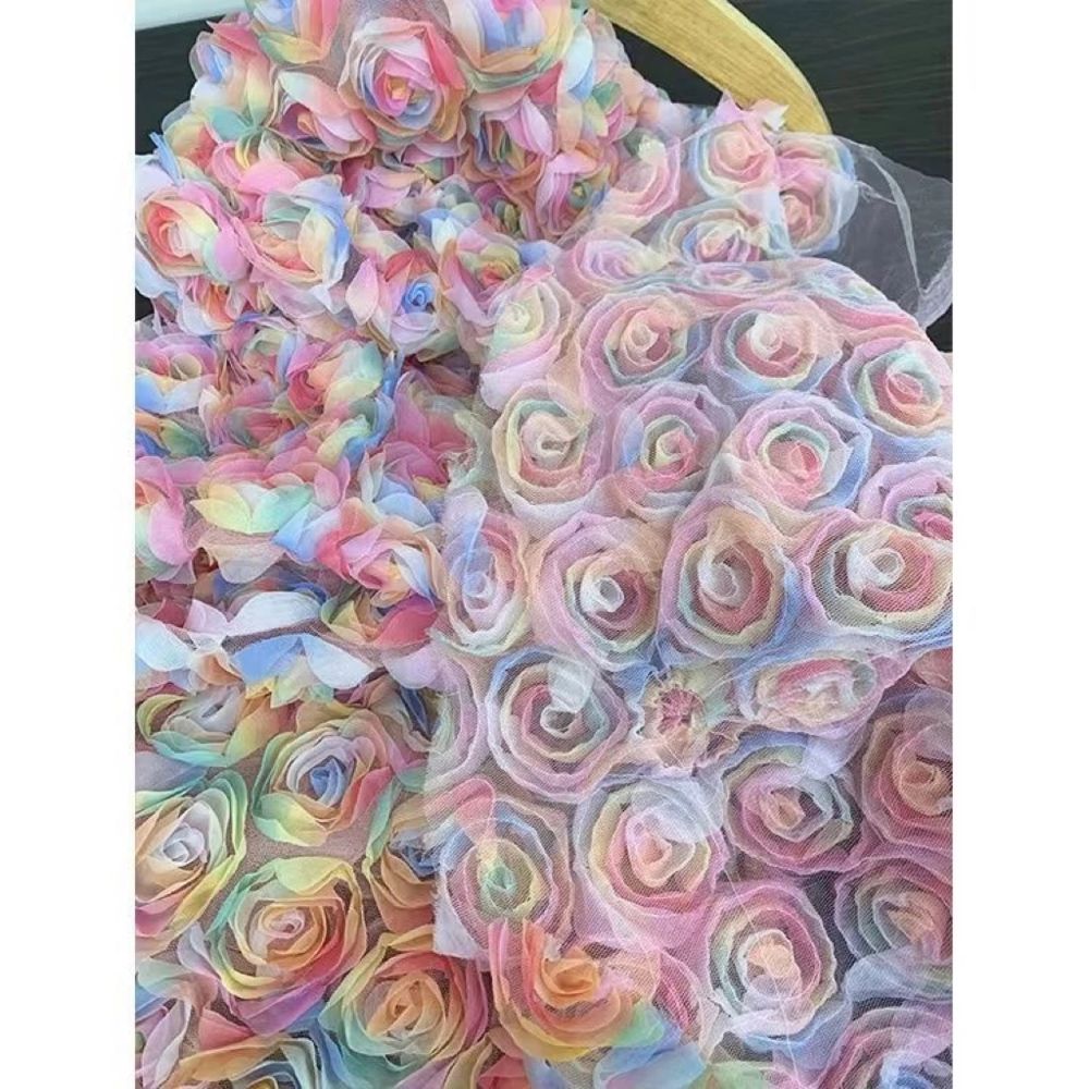 3D Rainbow Rose Tulle Fabric, Colorful 3D Flower Mesh Lace Fabric for Wedding Dress, Evening Gown, DIY Craft, 1 Yard