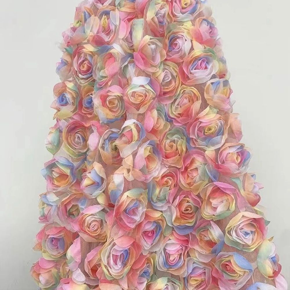 3D Rainbow Rose Tulle Fabric, Colorful 3D Flower Mesh Lace Fabric for Wedding Dress, Evening Gown, DIY Craft, 1 Yard