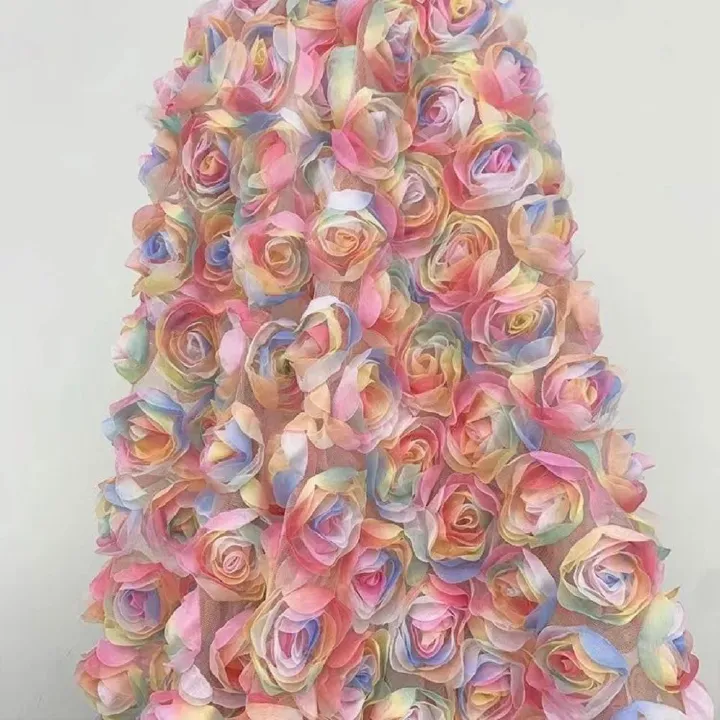 3D Rainbow Rose Tulle Fabric, Colorful 3D Flower Mesh Lace Fabric for Wedding Dress, Evening Gown, DIY Craft, 1 Yard